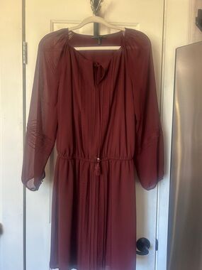 White House Black Market Burgundy Long-Sleeve Tie-Neck Dress